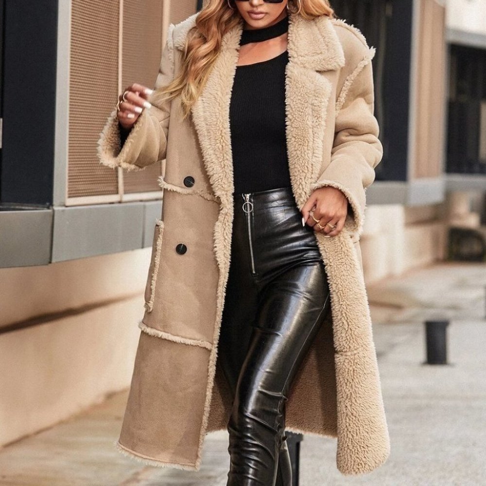 MODERN CHiC KHAKI DOUBLE BREASTED FAUX SUEDE TEDDY COAT - Picture 2 of 9